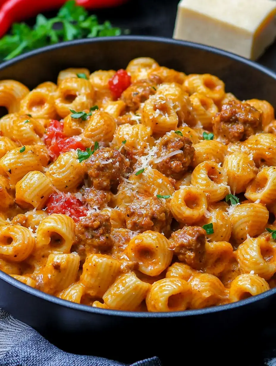 Hearty bowl up close with noodles, meatballs, tomatoes, creamy sauce, herbs and parmesan giving it a cozy look.