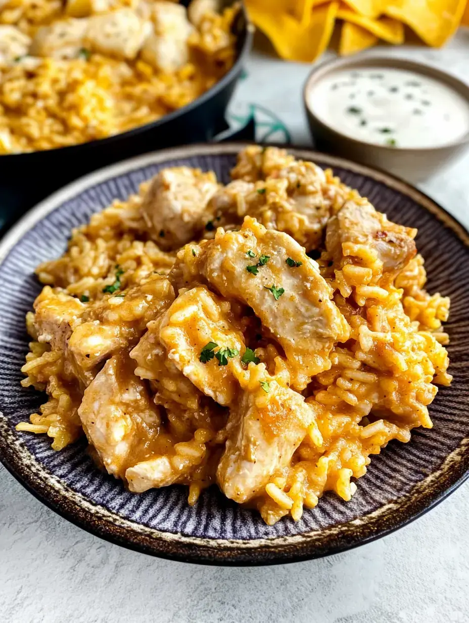 Bowl of creamy chicken and rice, topped with parsley, and a small bowl of dip on the side.