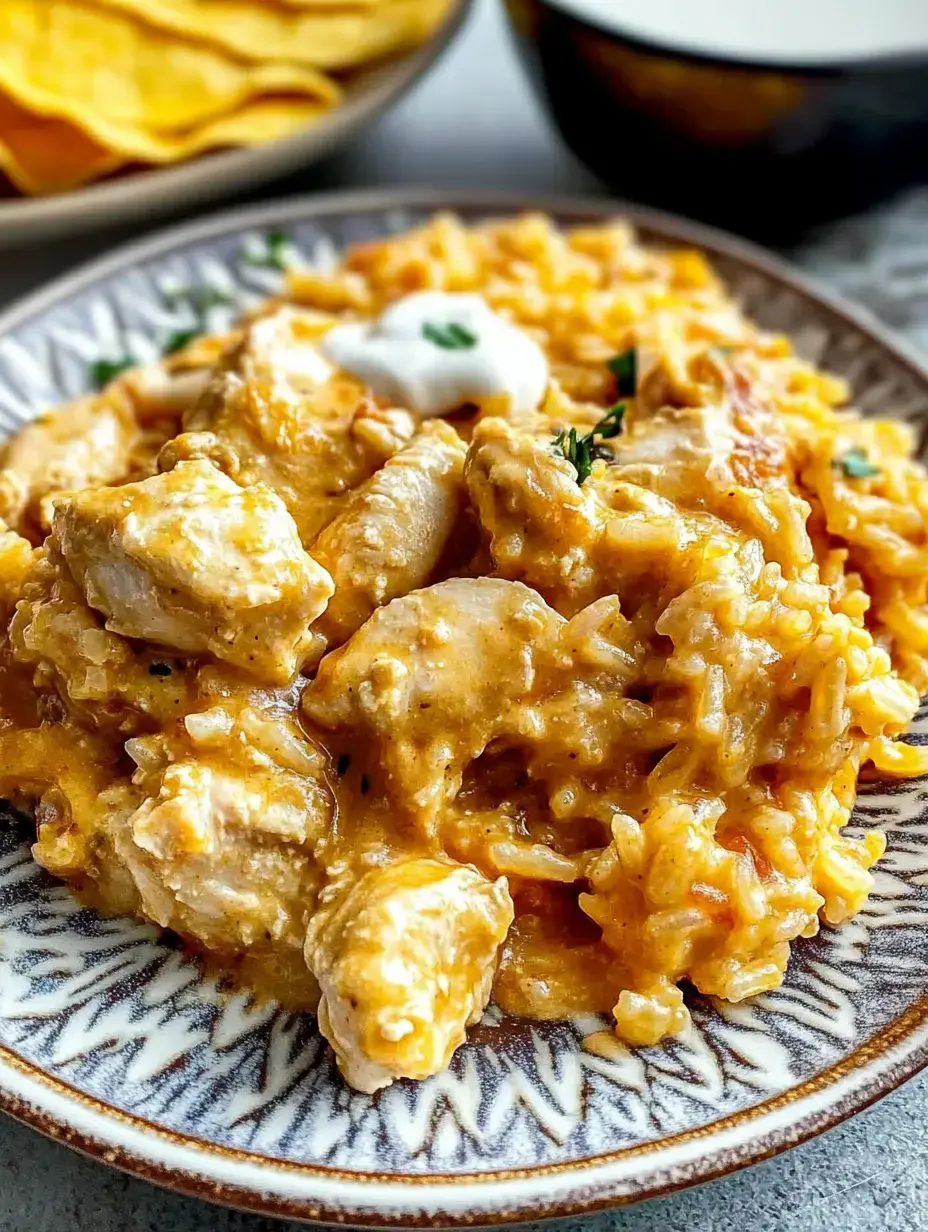 Plate of creamy chicken and rice close-up, finished with a spoon of sour cream and some fresh herbs, tortilla chips peeking in behind.