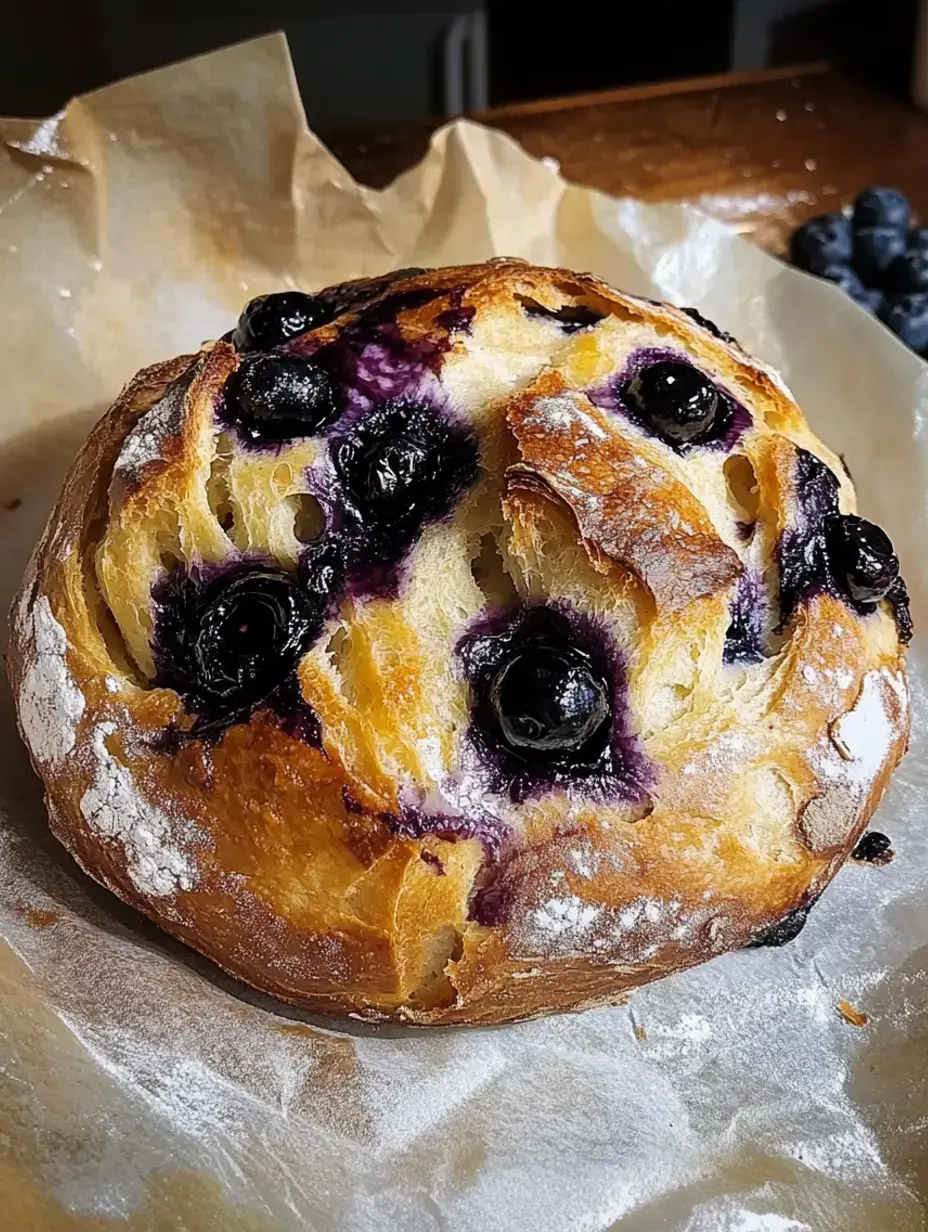 A warm, flour-dusted loaf with blueberries showing and sitting on parchment paper.