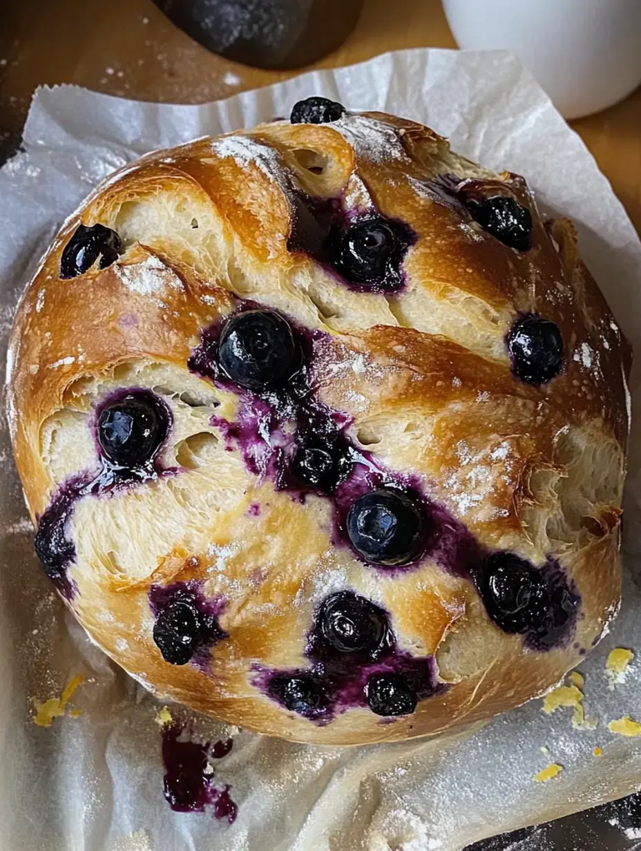 A loaf packed with blueberries and a shiny purplish glaze sits dusted in flour on parchment.
