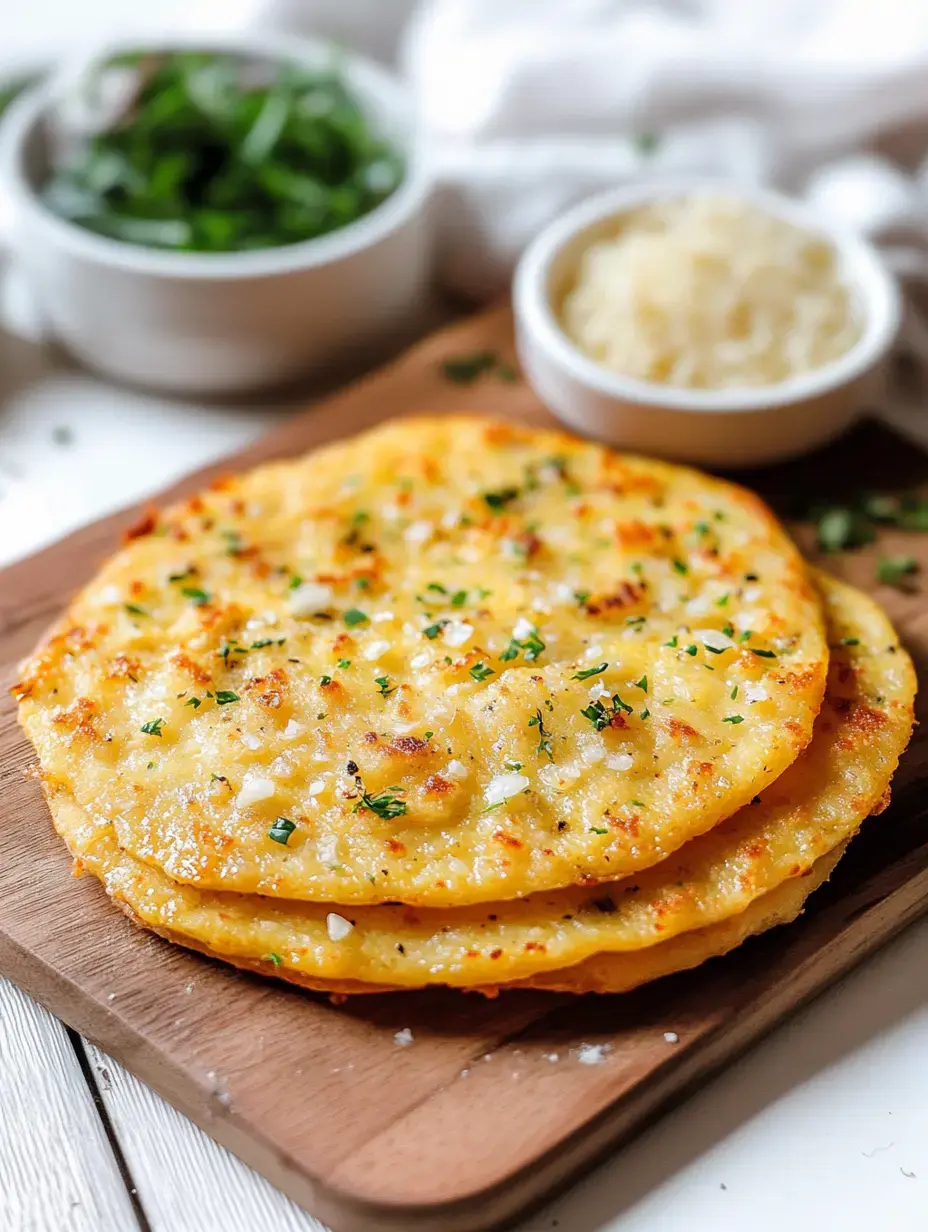 Crispy, golden flatbreads sprinkled with fresh herbs and seasonings sit on a wooden board, flanked by small bowls with greens and shredded cheese.