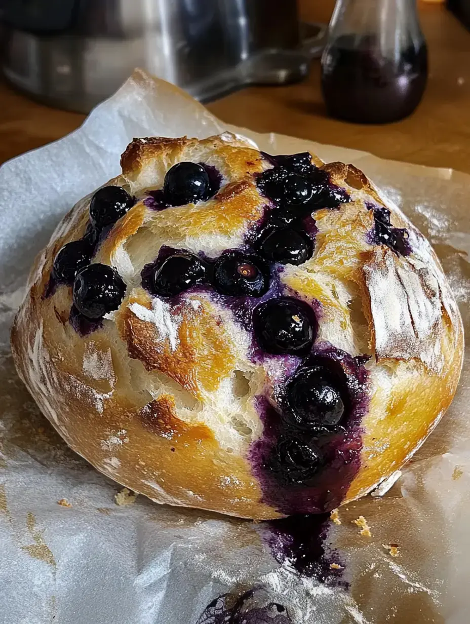 A loaf with gooey blueberries and purple juice sits on parchment, still warm from the oven.
