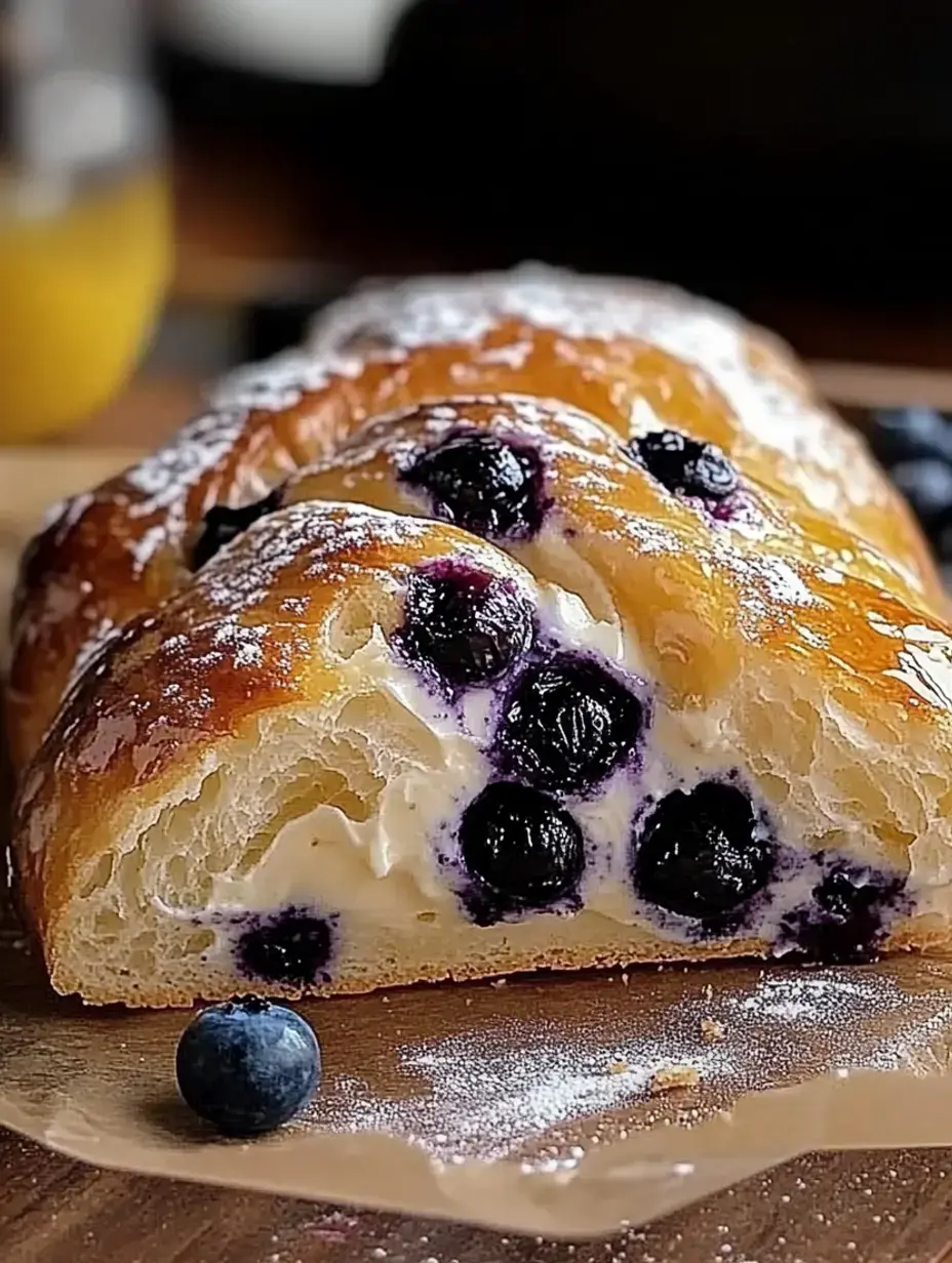 Sliced open blueberry treat shows off flaky layers and creamy middle, and extra berries scattered around.