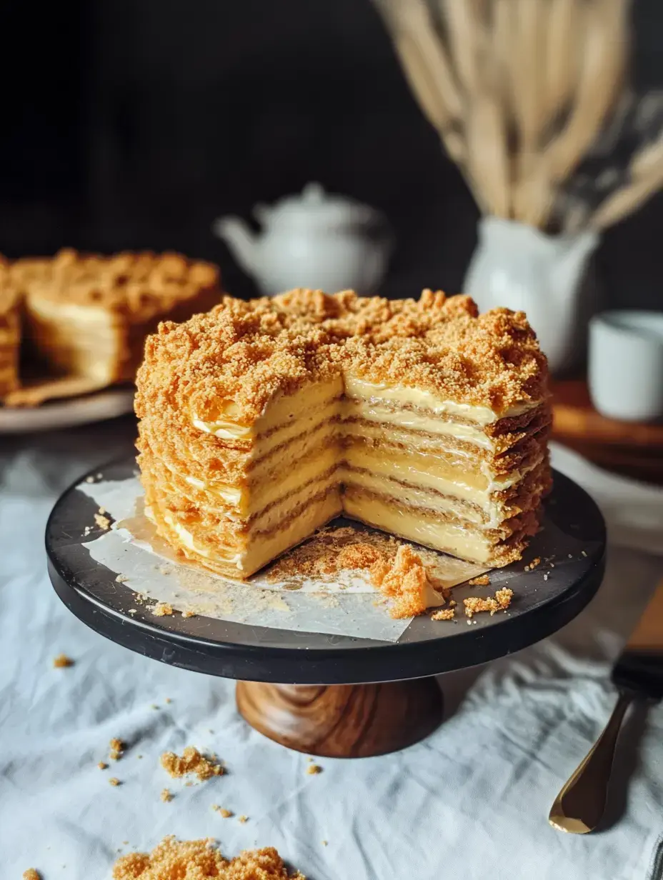 Stacked flaky cake topped with crumbs sits on a pedestal, a cut-out slice shows off creamy inside layers and a crisp shell.