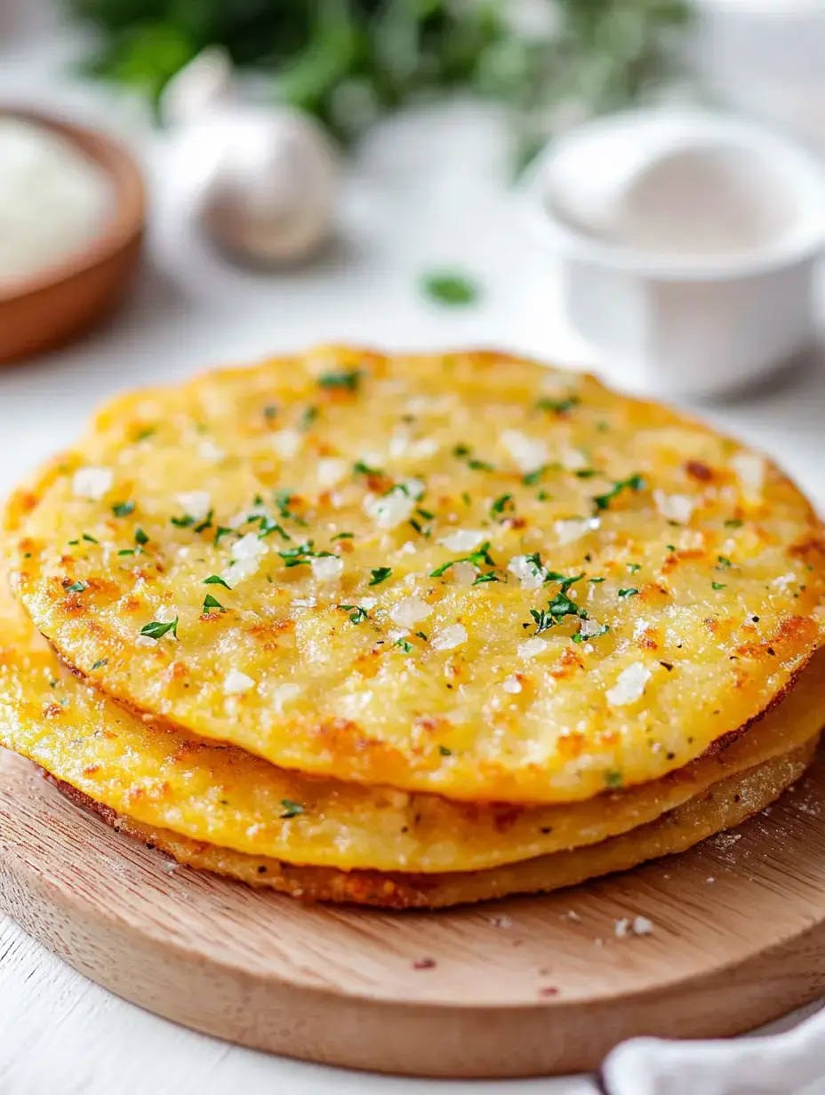 Two crisp, golden flatbreads with sea salt and chopped herbs on a wooden platter, with garlic cloves and dipping sauce behind.