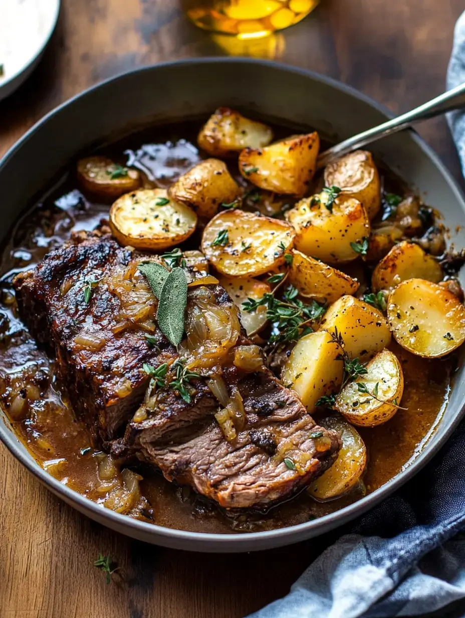 Tender beef roast covered in onions with herbs, served up with golden-brown potatoes soaking in savory juices.