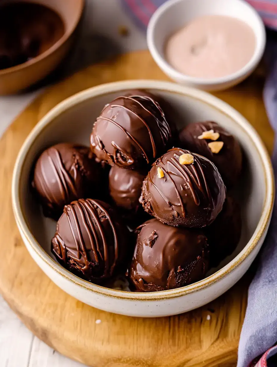 Chocolate covered bite sized desserts sprinkled with nuts sit in a bowl next to a dish of chocolate sauce.