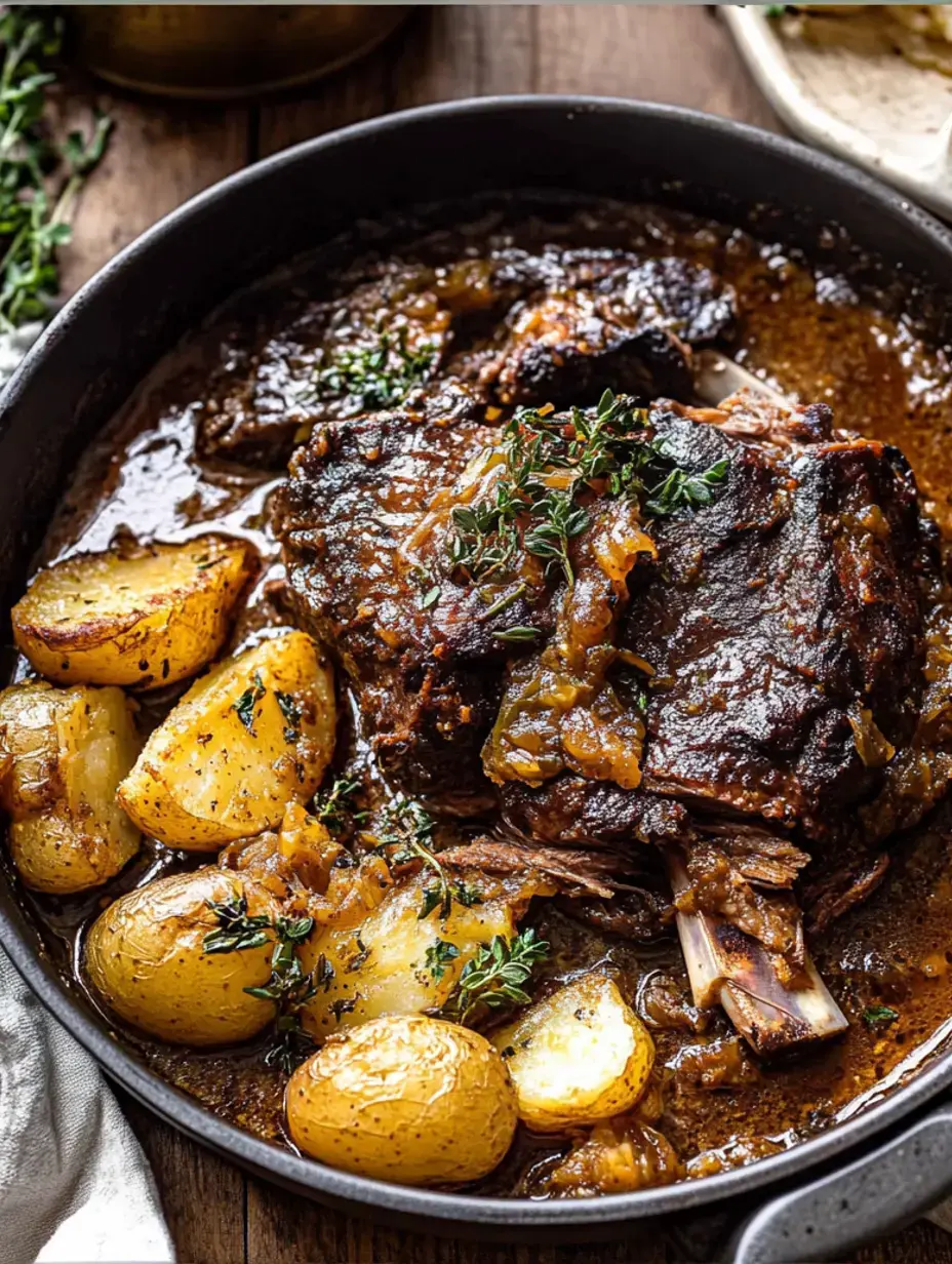 A pot loaded with juicy beef, crispy potatoes, and fresh herbs simmering in a rich sauce.