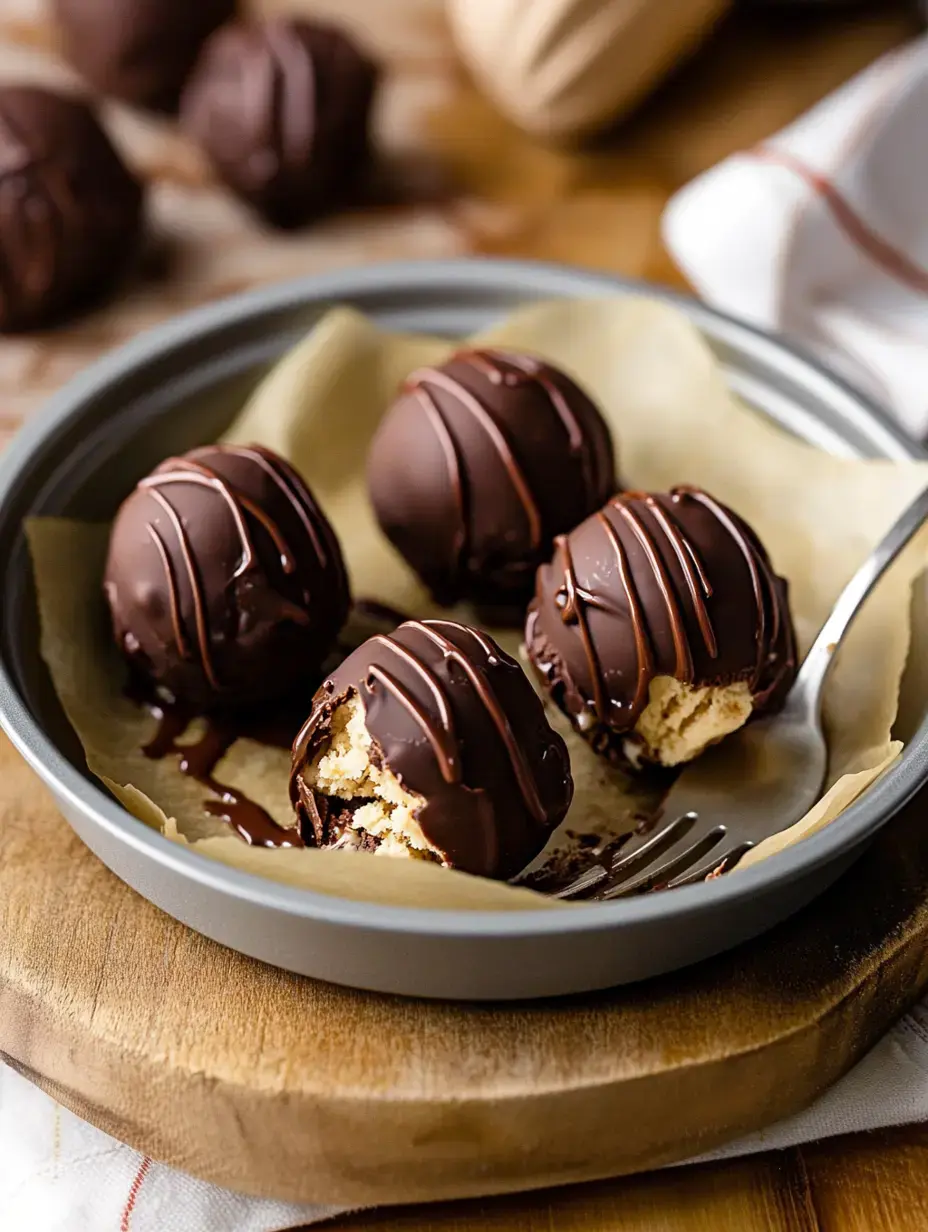 Chocolate truffles with a bite out on parchment surrounded by crumbs and chocolate pieces.