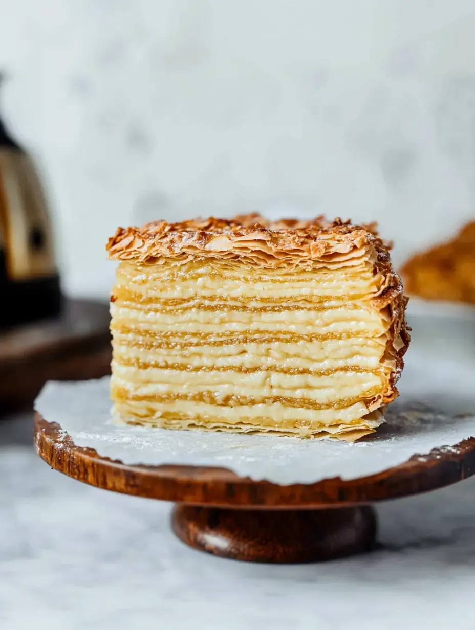 A crisp-topped layered pastry cake sits on a wooden stand with powdered sugar sprinkled on.