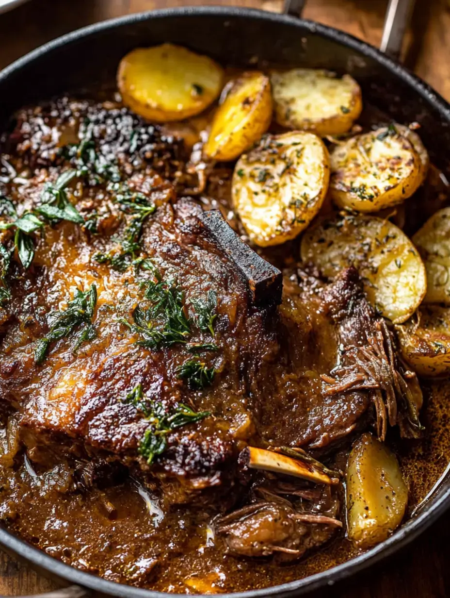 Hot from the oven: braised beef stacked with herbs, ringed by golden crisp potatoes in a cast iron pan.
