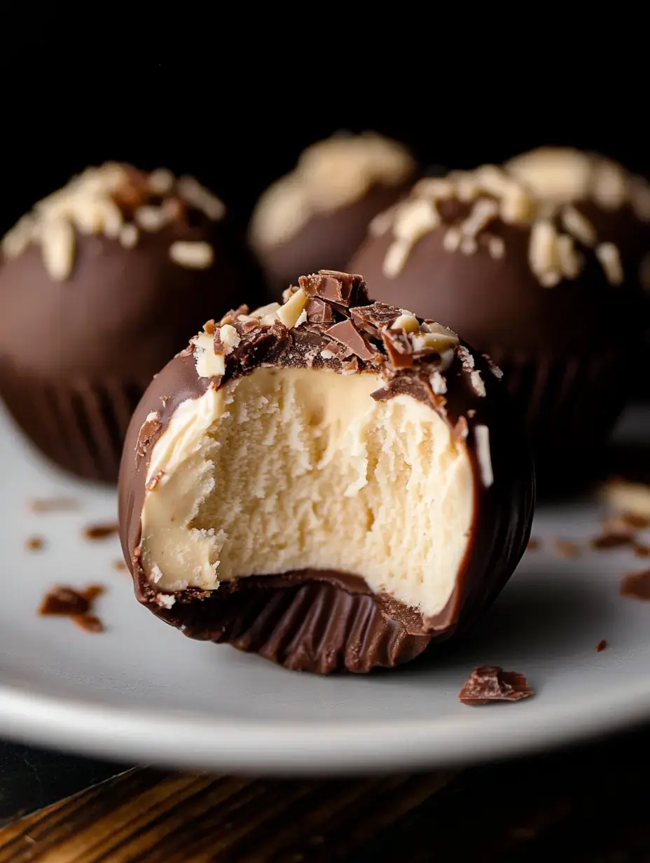 Bitten chocolate truffle with creamy filling sprinkled with nuts and chocolate flakes in close up view.
