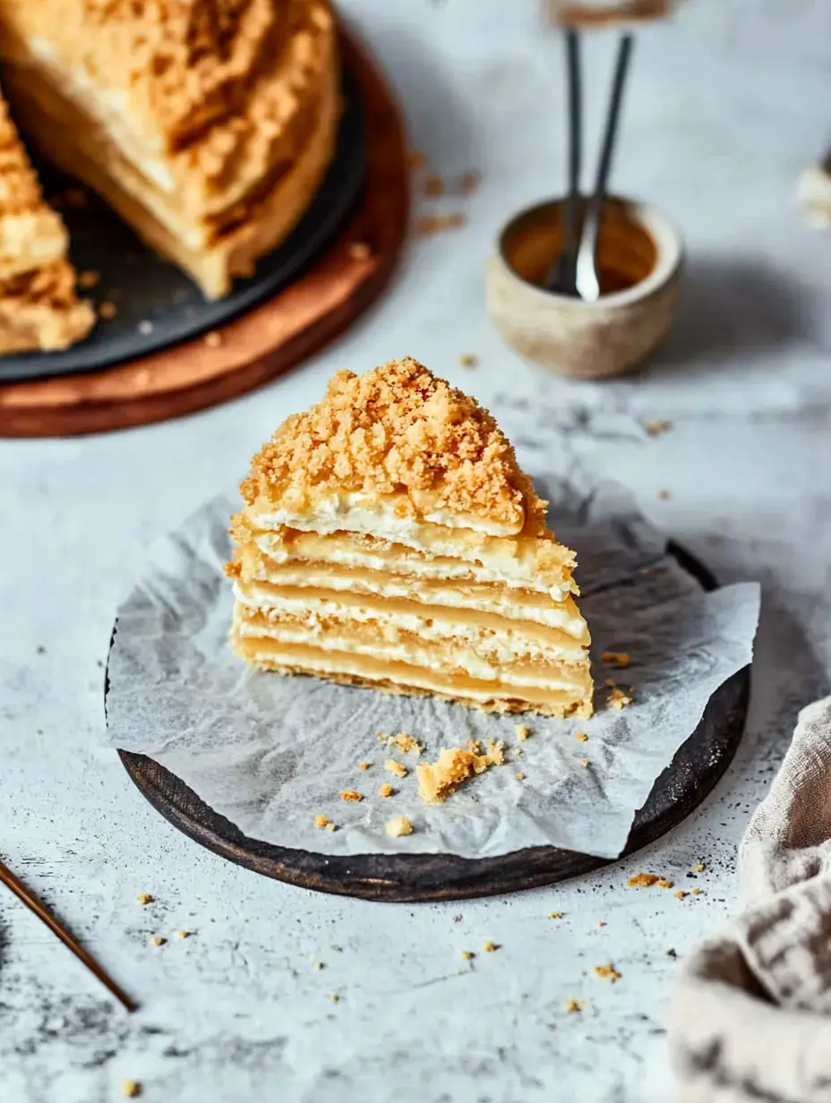 A rustic wooden dish holds a slice with visible flaky layers, soft cream, and crumb topping.