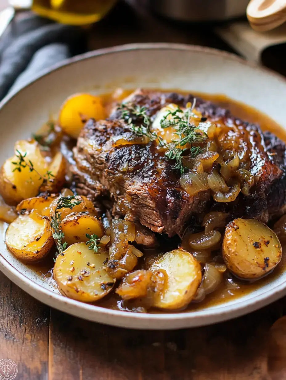 A big plate showing slices of roast beef with golden onions and potatoes plus fresh thyme on top.