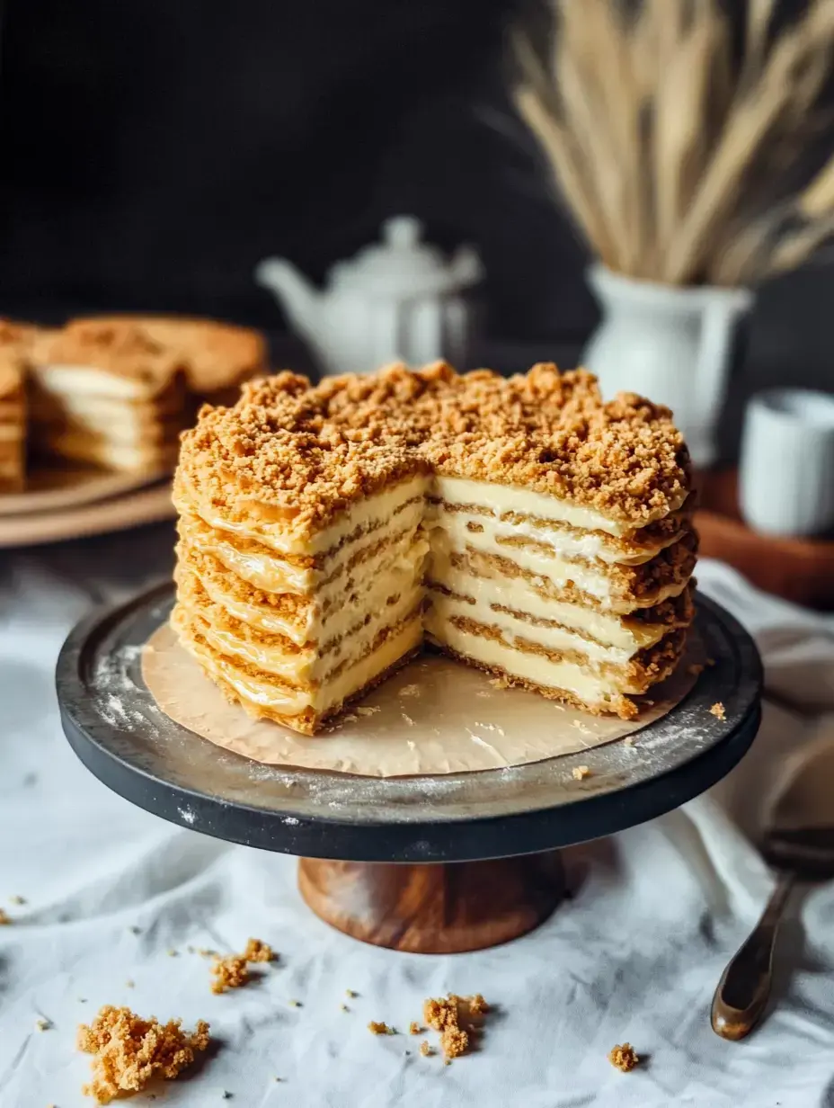 One chunk has been taken from a crumb-coated layer cake on a stand, showing inside creamy layers.