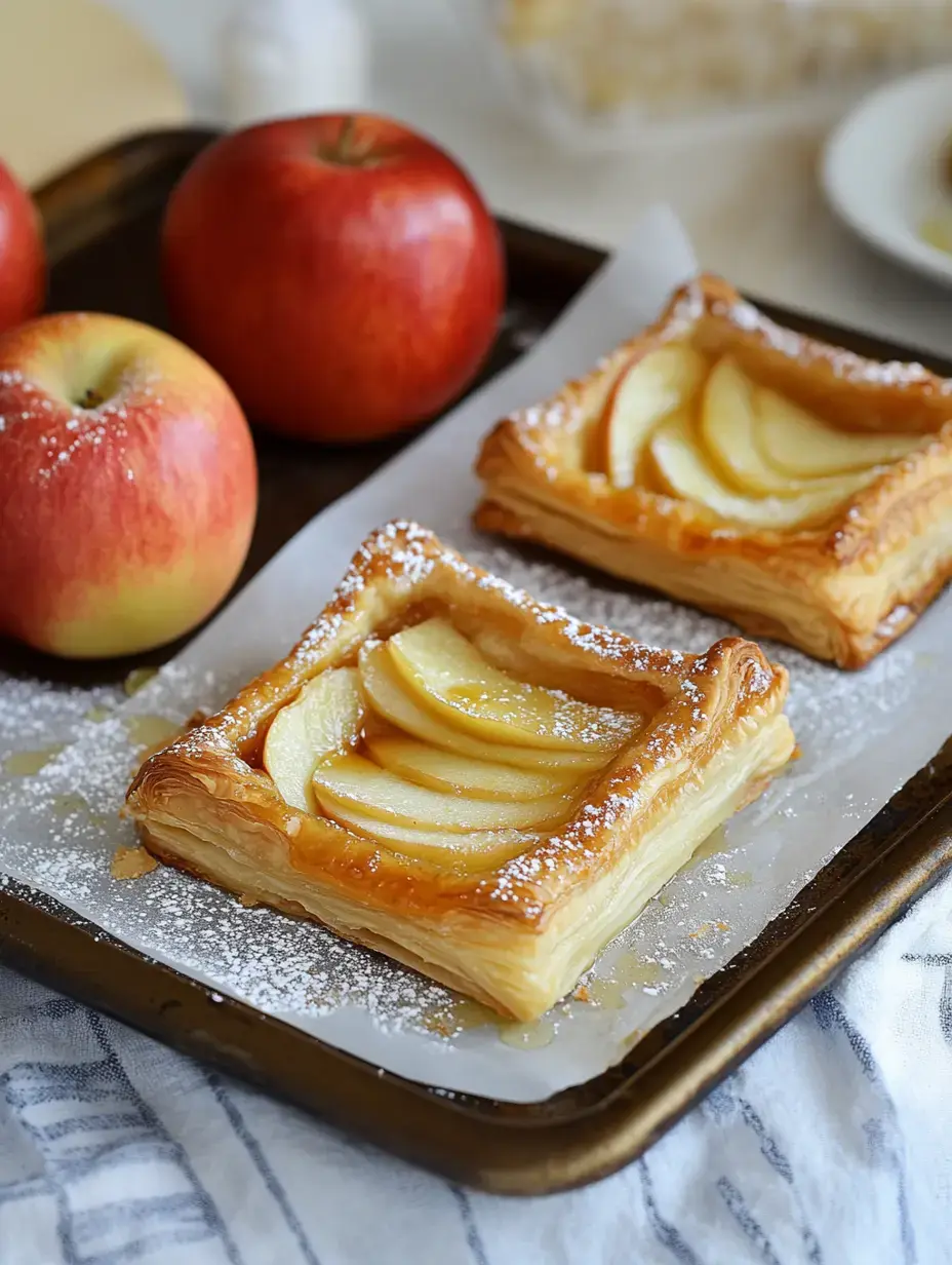 Two pastries dusted with powdered sugar sit on a baking tray next to shiny red apples.