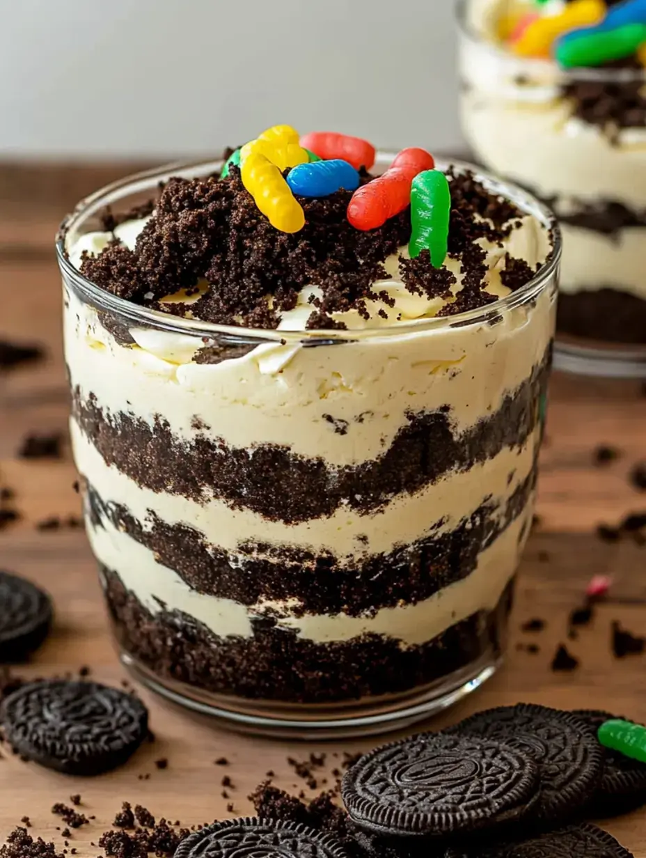 A glass brimming with creamy layers, crumbled cookies, and gummy worms, all sitting on a wooden table with cookies scattered nearby.