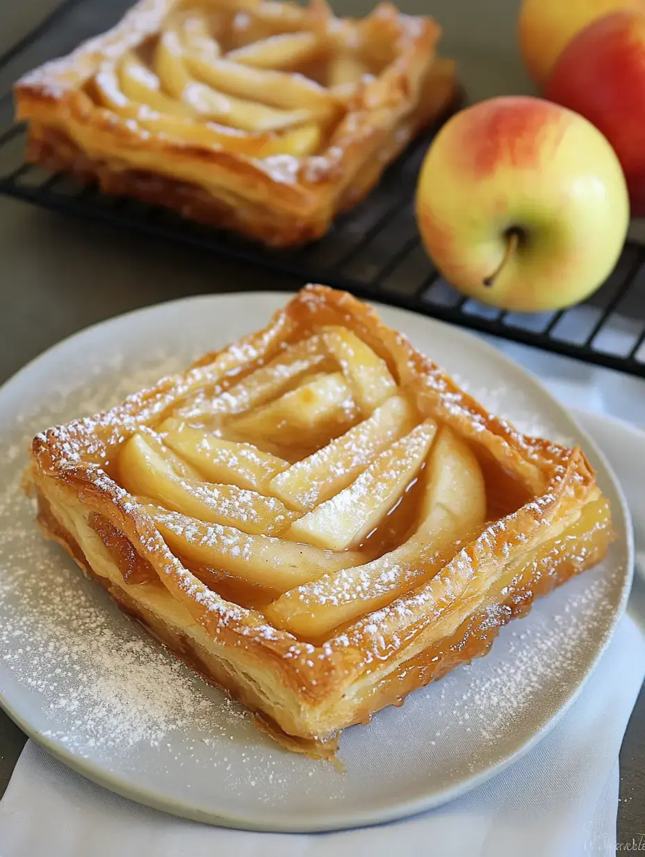 Flaky golden pastry with apple slices and a snowy sprinkle of sugar, on a plate and apples in the back.