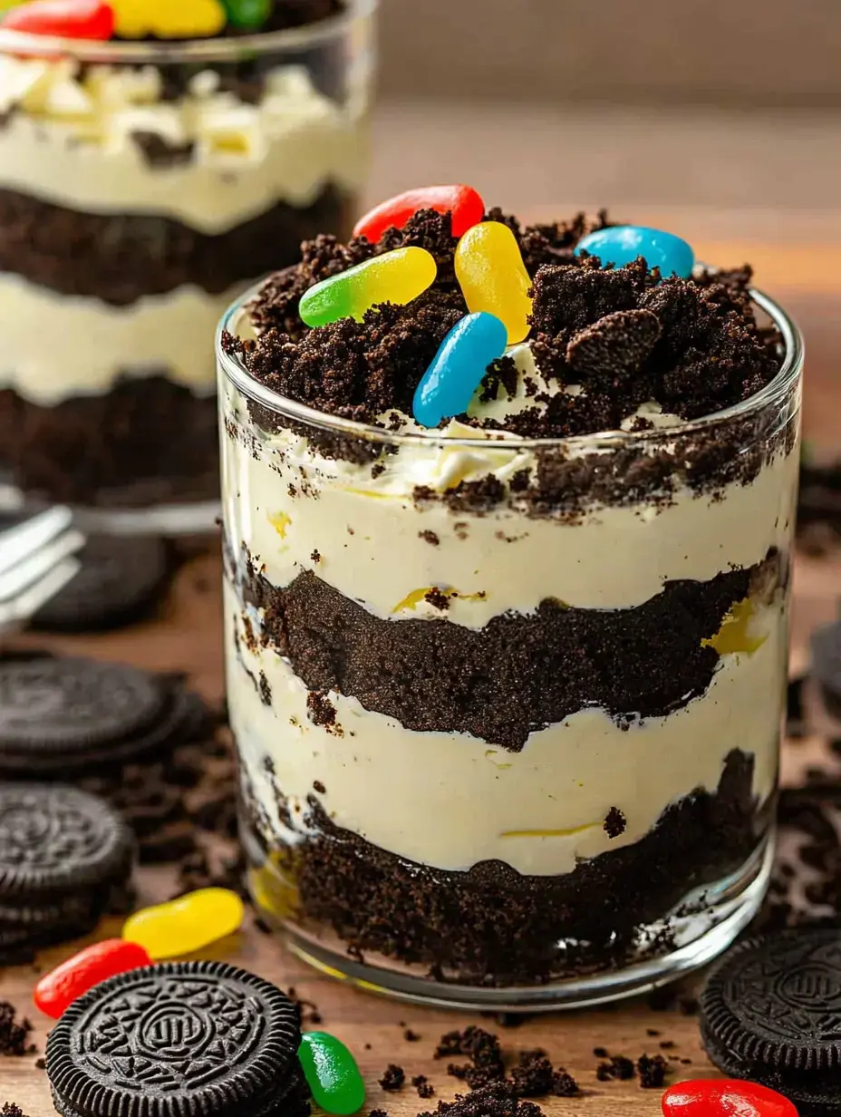 A dessert glass with creamy and cookie layers, topped with colorful gummies, sitting on a wooden table next to Oreo cookies.