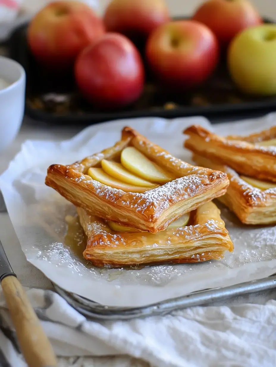 Plate stacked with square pastries topped with apples and powdered sugar, plus fresh apples in the scene.