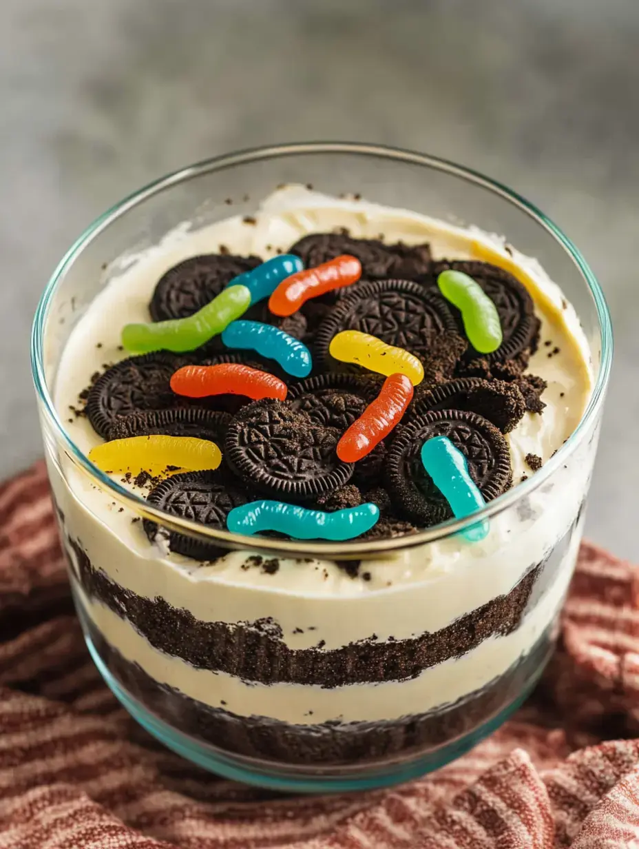 A clear dessert glass layered with creamy filling, Oreo cookie crumbs, and pops of gummy worms.
