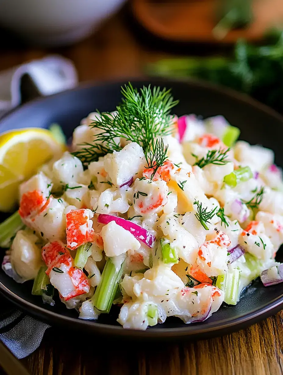 A vibrant salad packed with seafood, crab pieces, veggies, fresh dill, and lemon on the side.