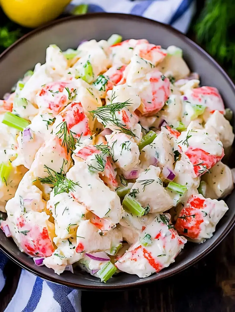 A creamy dish loaded with lobster, diced celery, and topped with dill.