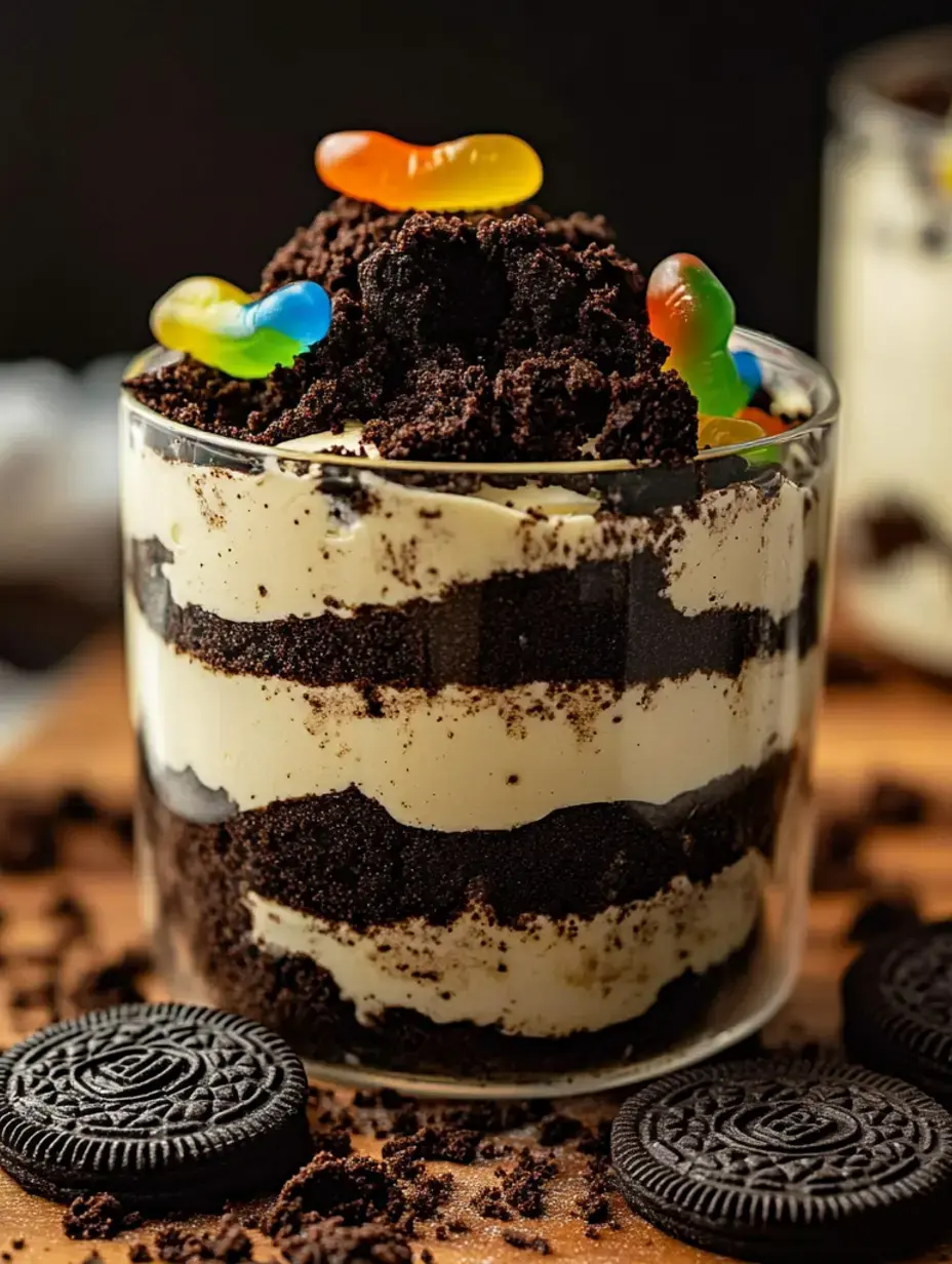 A glass parfait cup with creamy filling and crumbled cookie layers, finished with cookie crumbs and gummy worms on top.