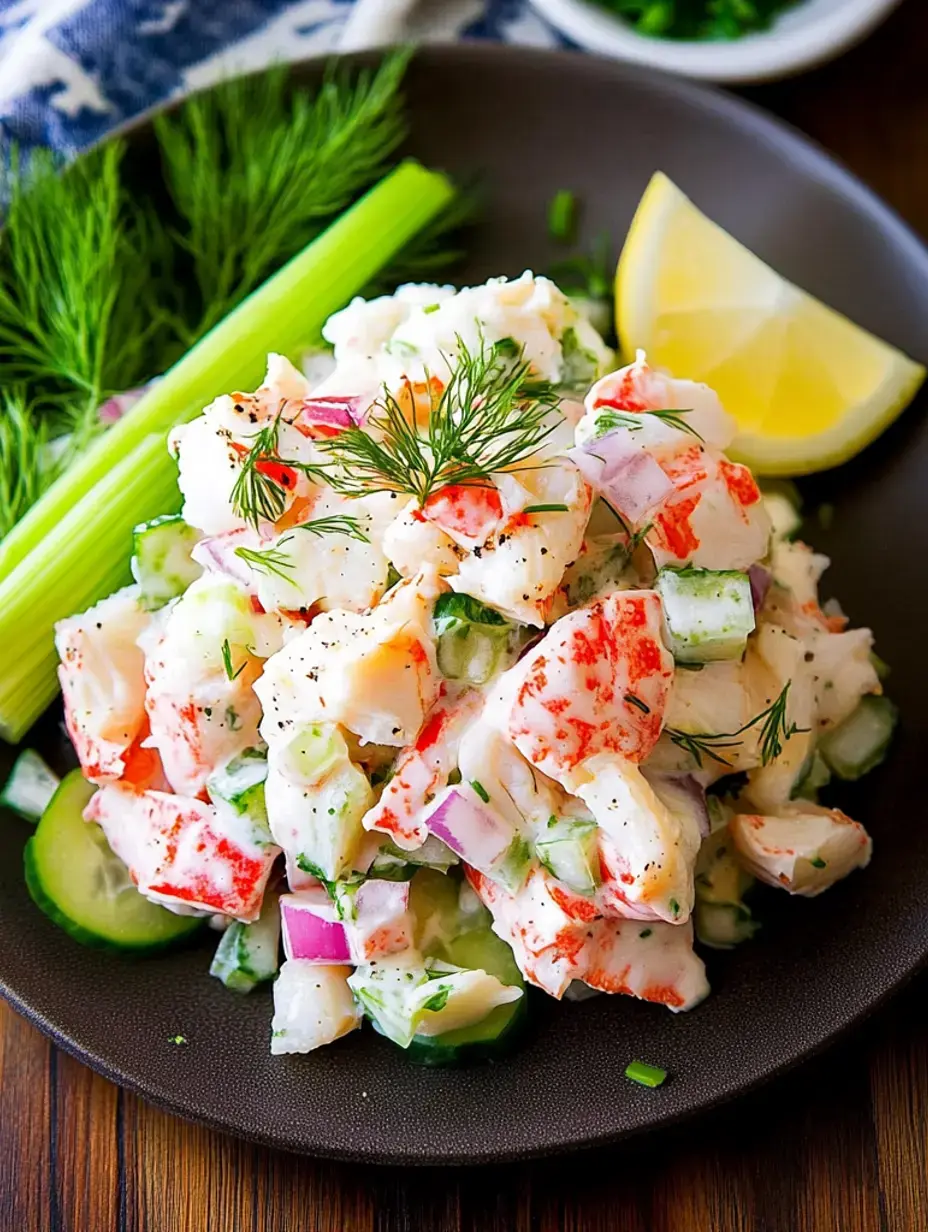 Close-up shot of creamy seafood salad with crab, veggies, dill, and a wedge of lemon.