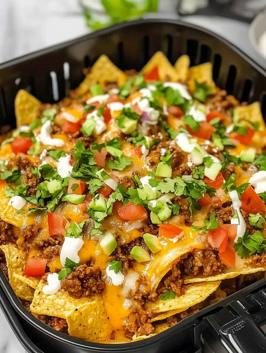 Nachos loaded with beef, cheese, tomatoes, green onions, and fresh cilantro, all in a black serving dish.