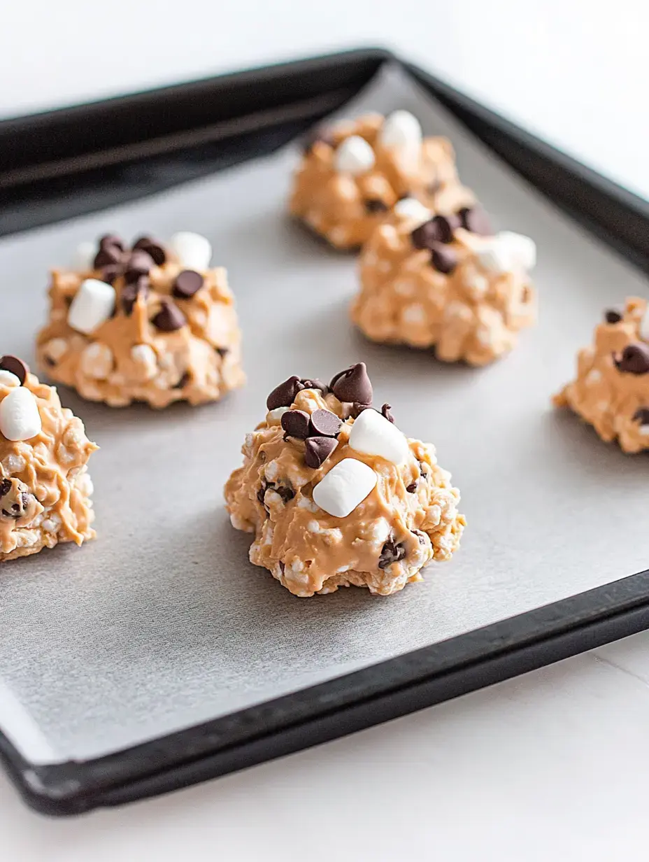 A tray showing clusters of popcorn-based cookies topped with chocolate chips and mini marshmallows.