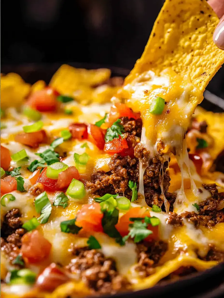 A gooey nacho loaded with beef, veggies, and cheese being picked up by hand—everything looks extra cheesy and fresh.