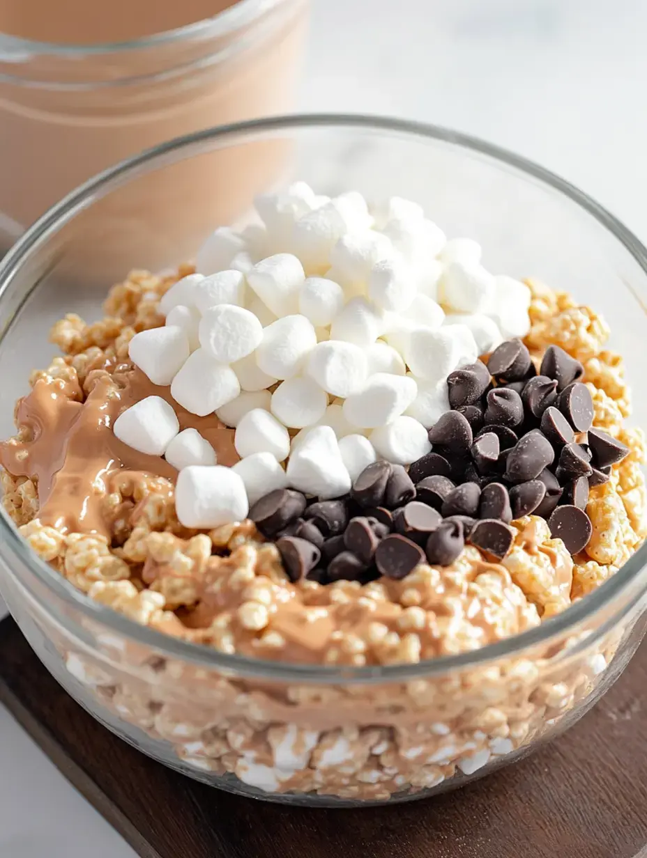 A glass bowl stuffed with popcorn, chocolate chips, peanut butter and marshmallows, plus a drink jar in the back.