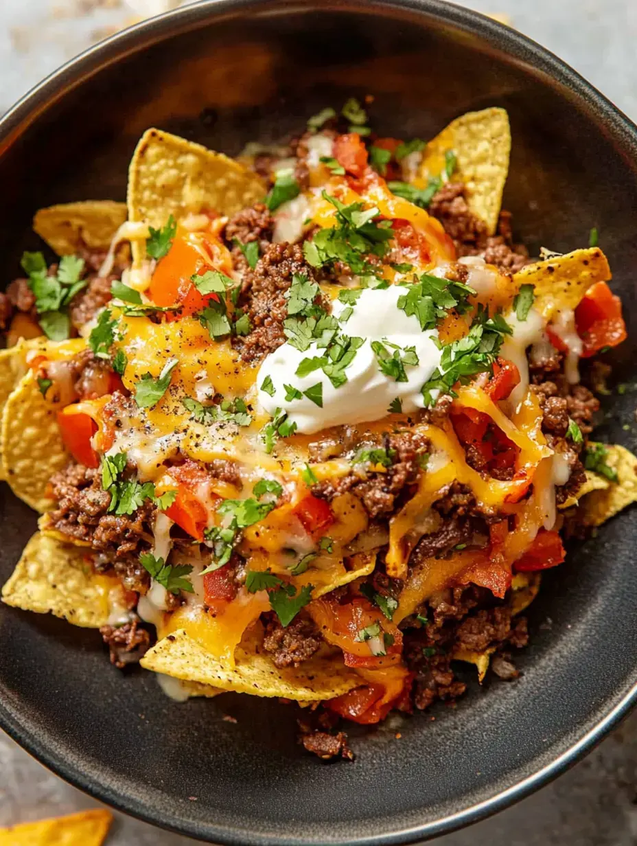 Steamy nachos with beef, cheese, tomatoes, cilantro, and a big spoonful of sour cream in a bowl waiting to be dug into.