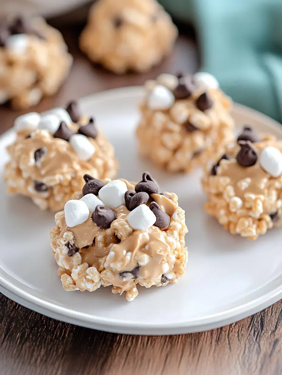 A white plate covered in round popcorn cookie clusters with mini marshmallows and chocolate chips on top.