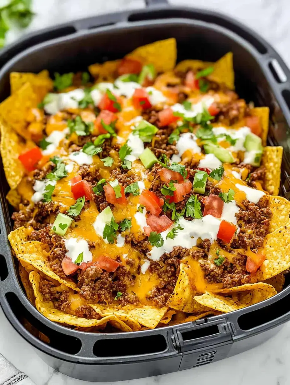 Hot nachos in a dish, covered with beef, gooey cheese, tomatoes, cilantro and a scoop of sour cream up close and ready to eat.