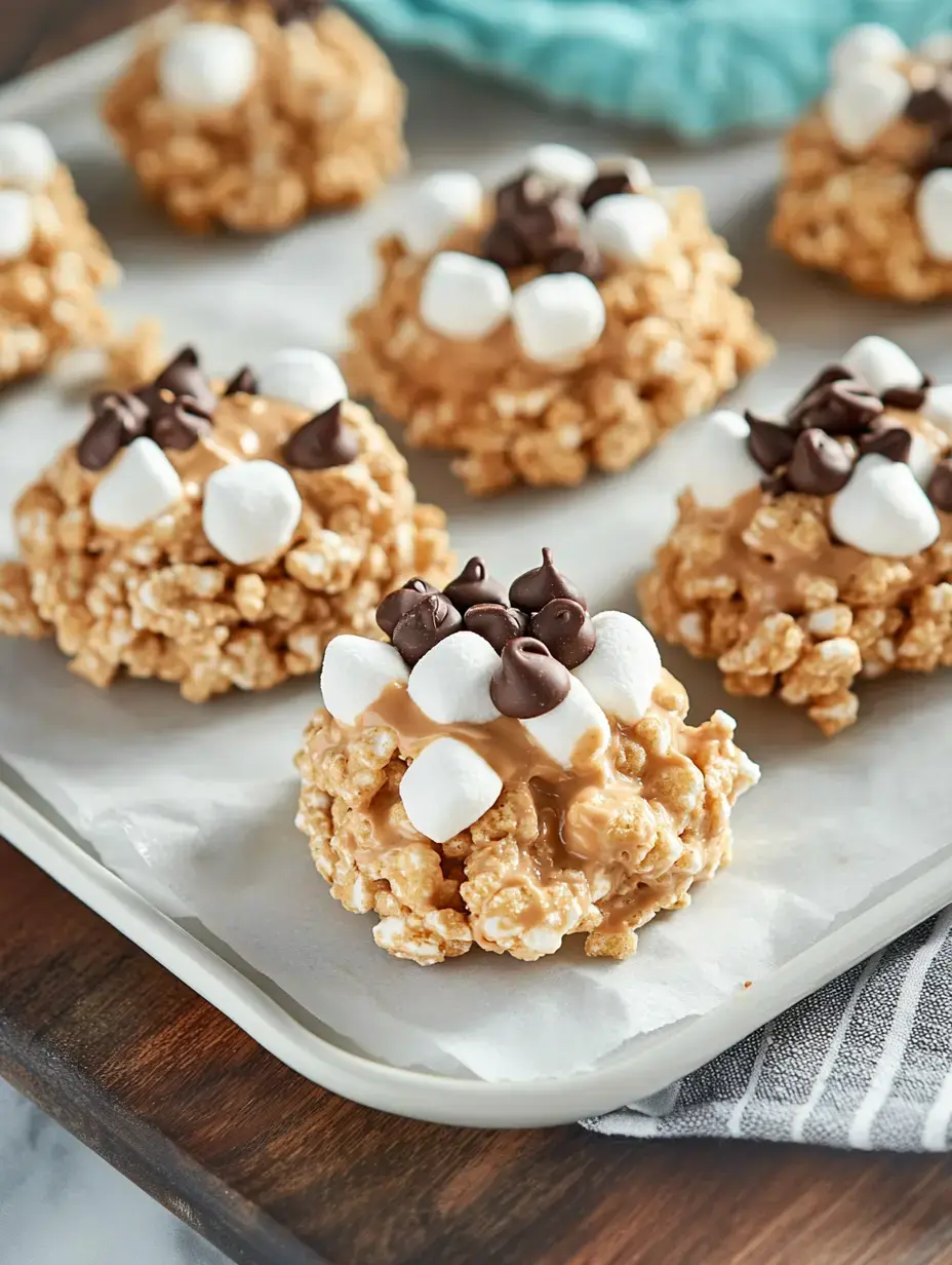 A baking tray lined with parchment and packed with popcorn clusters covered in marshmallow and chocolate.