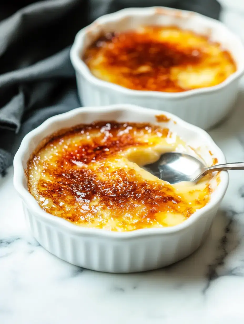 Duo of crème brûlées with caramel tops, spoon waiting nearby, all laid out on cool marble.
