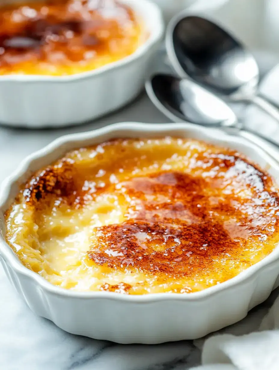 Close-up showing a creamy vanilla brûlée, glassy caramel lid, two spoons sitting close by.