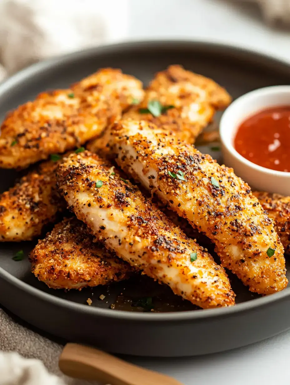 Crispy breaded chicken tenders on a plate, finished with fresh herbs and a bowl of dipping sauce.