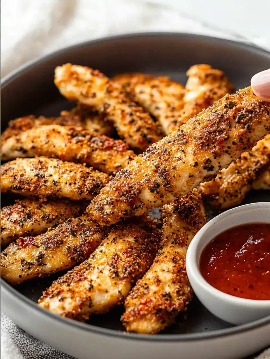Crunchy breaded chicken tenders on a plate with a little bowl of sauce on the side.