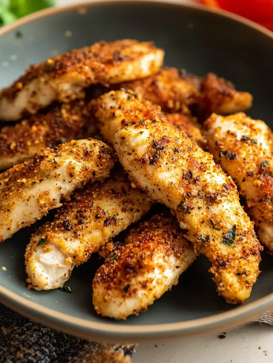 Crispy golden chicken tenders stacked on a dark serving plate.