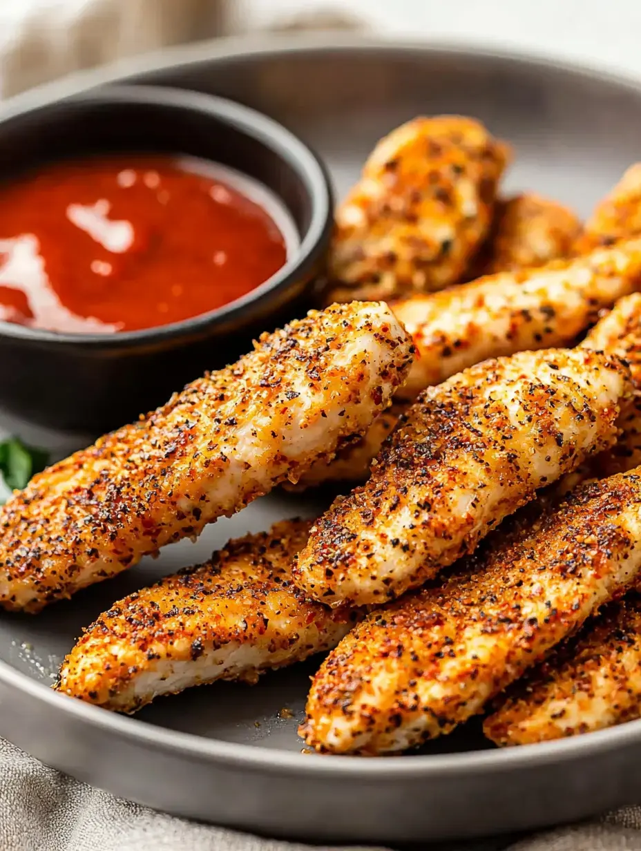 Plated crispy seasoned chicken tenders with dipping sauce on the side.