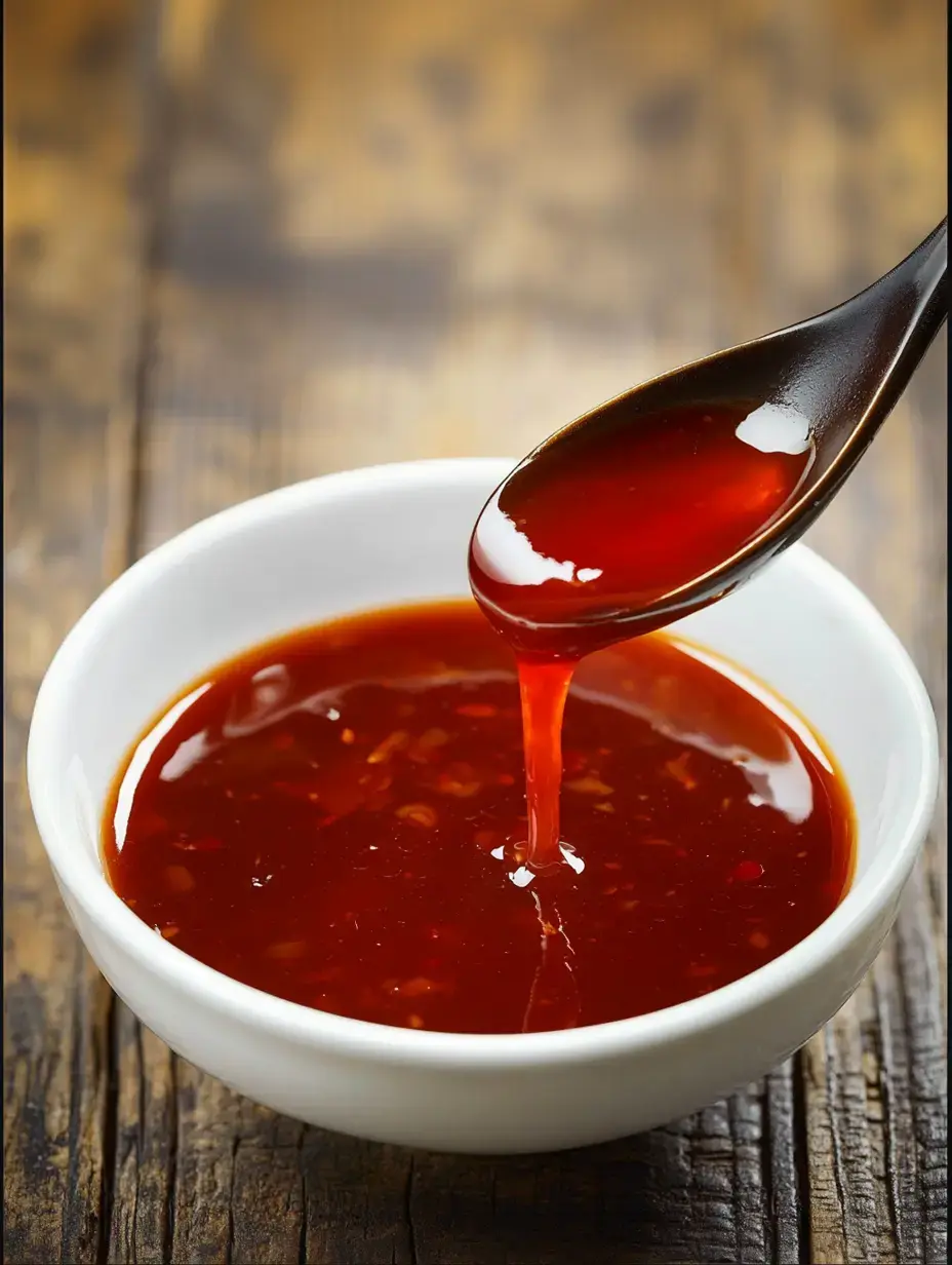 Thick, red sauce is being dripped from a spoon into a white bowl on a wood table.