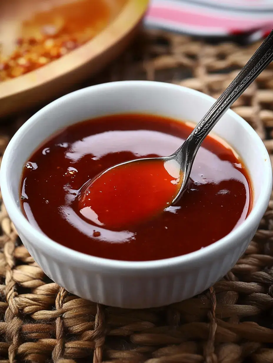 Glossy red sauce fills a white bowl with a spoon beside it on a woven mat.