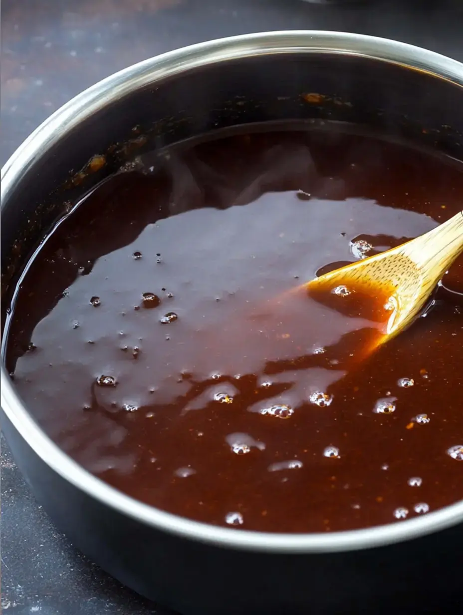 A bubbling, glossy brown sauce in a pot with a wooden spoon inside, close-up shot.