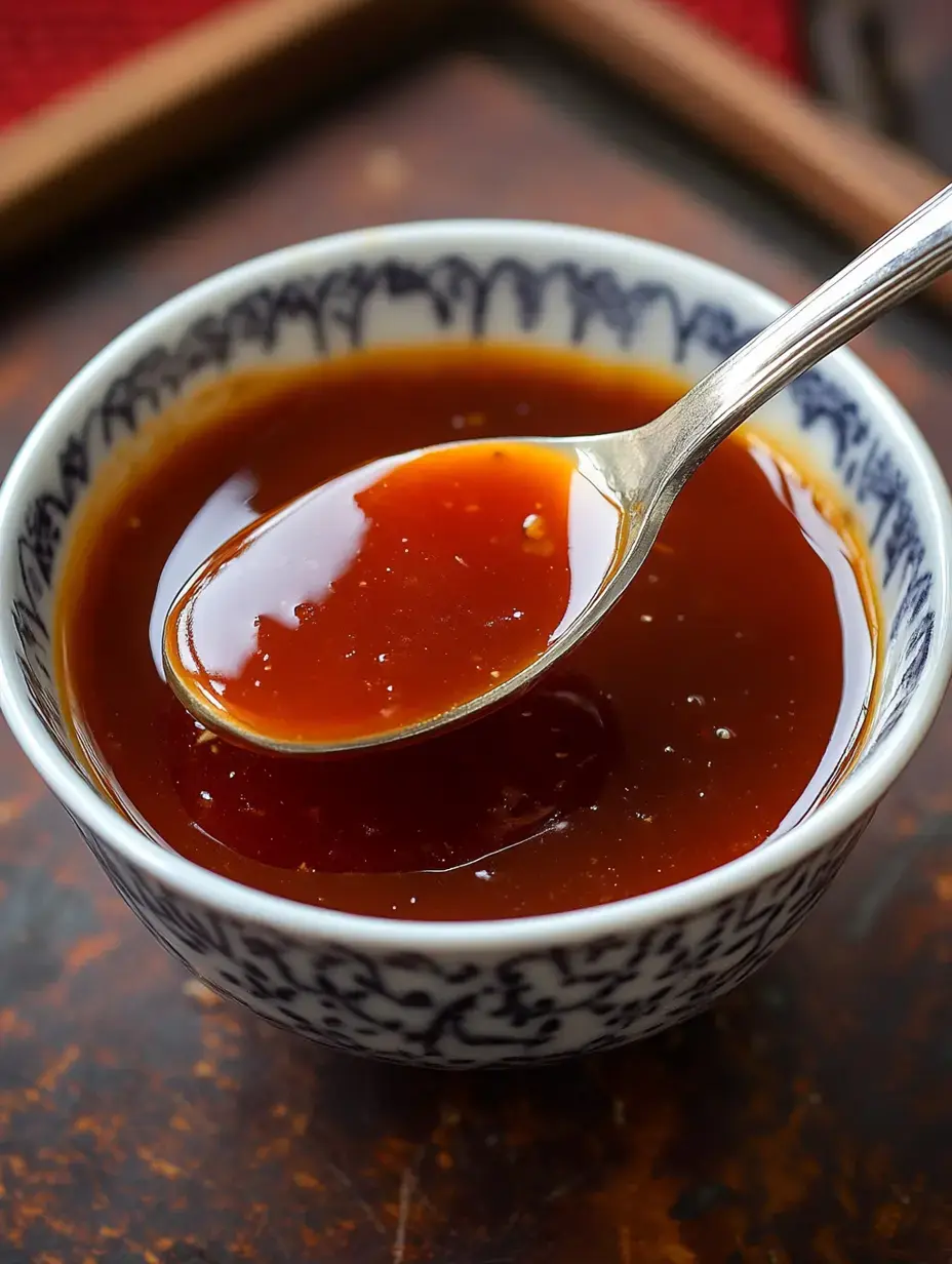 There’s a patterned bowl filled with thick, brown glossy sauce and a silver spoon resting inside it.