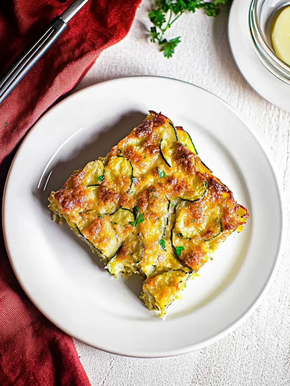 A wedge of golden cheesy zucchini bake with herbs on top, sitting on a white plate and a red cloth nearby.