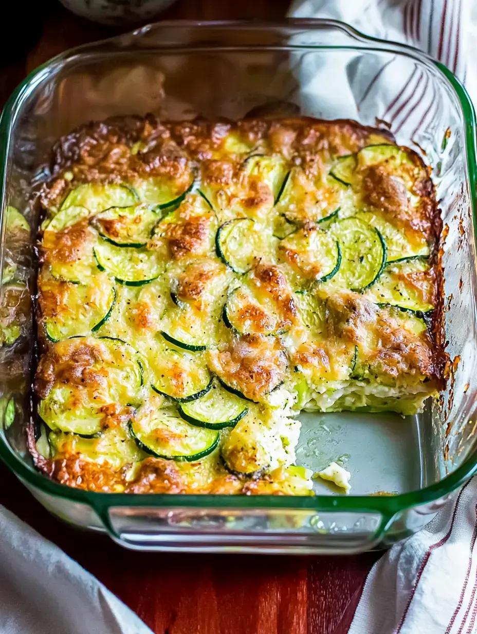 Cheesy zucchini layers melted and bubbly in a glass baking dish ready to slice.